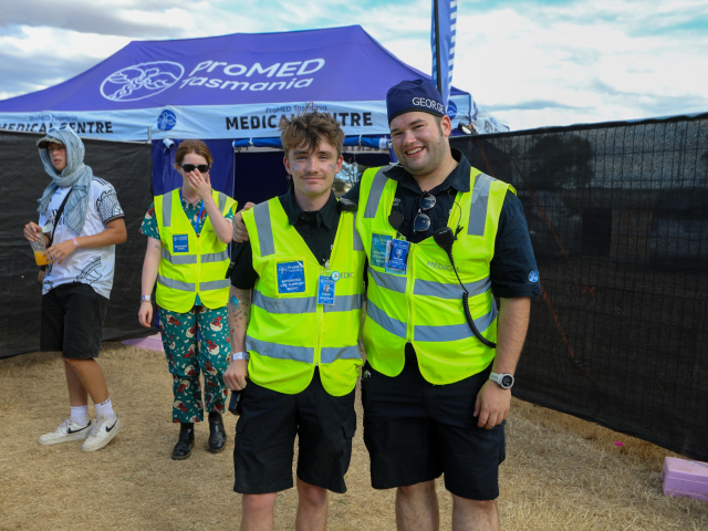 ProMED Tasmania branded medical centre marquee with staff